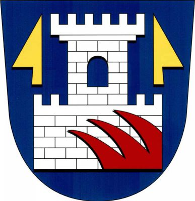 V modrém štítě stříbrná kvádrovaná tvrz tvořená hradbou a věží s prolomeným oknem a cimbuřím, provázená nahoře dvěma vztyčenými odvrácenými radlicemi a překrytá v levém dolním rohu třemi červenými vlčími zuby. Znak Sehradice