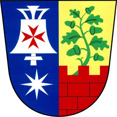 V modro-zlatě polceném štítě vpravo nad stříbrnou osmihrotou hvězdou stříbrný zvon s červeným maltézským křížem, vlevo z červené kvádrované hradby s cimbuřím vyrůstá zelená dubová větev střídavě s pěti žaludy a čtyřmi listy. Znak Semín