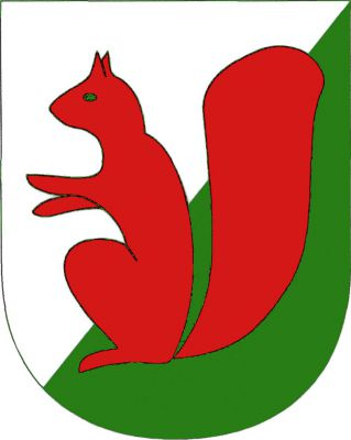 Ve stříbrno-zeleně šikmo děleném štítě červená veverka. Znak Senec