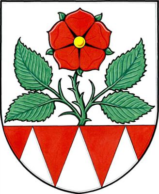 Stříbrno-červeně sníženě dělený štít, nahoře vyrůstá přirozená červená růže se zlatým semeníkem na zeleném stonku se čtyřmi listy, dole tři stříbrné kužely. Znak Senička
