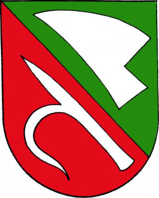 V zeleno-červeně kosmo děleném štítě nahoře položená radlice, dole hák, obojí stříbrné. Znak Senorady