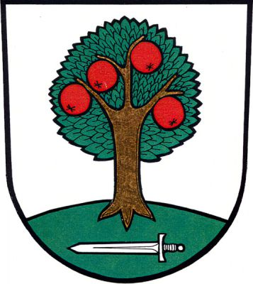 Ve stříbrném štítě na zeleném vrchu jabloň přirozených barev, pod ní položený vpravo obrácený stříbrný meč. Znak Šenov u Nového Jičína