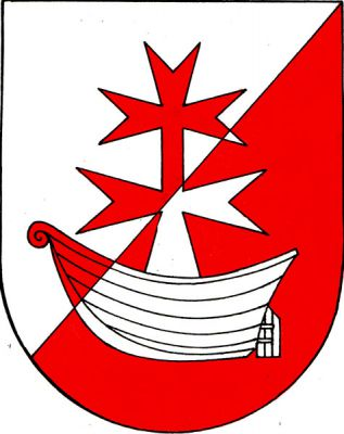 Ve stříbrno-červeně šikmo děleném štítě člun s patriarším křížem řádu Křižovníků Božího hrobu opačných tinktur. Znak Šestajovice