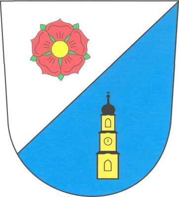 Ve stříbrno-modře šikmo děleném štítě nahoře červená růže se zlatým semeníkem a zelenými kališními lístky, dole zlatá třípodlažní kostelní věž uprostřed s hodinami a oknem v prvním a třetím podlaží, zakončená černou cibulovitou střechou s makovicí a křížkem. Znak Ševětín