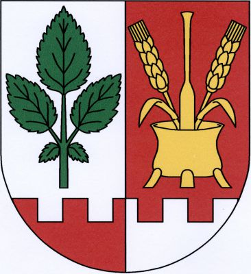 Stříbrno-červeně polcený štít s cimbuřovou patou opačných barev. V pravém poli zelený stonek konopice se třemi listy, v levém poli ruční stoupa, z níž vyniká tlouk-stupice mezi dvěma odkloněnými obilnými klasy, každý s listem, vše zlaté. Znak Sibřina