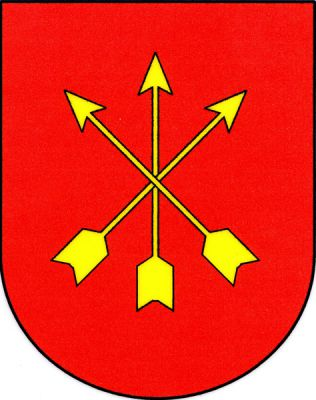 V červeném štítě tři zkřížené zlaté šípy. Znak Šípy