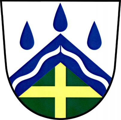 Ve stříbrno - zeleně modrou sníženou krokví děleném štítě nahoře tři (1, 2) modré kapky, dole zlatý heroldský kříž. V krokvi stříbrné zlomené vlnité břevno. Znak Široký Důl