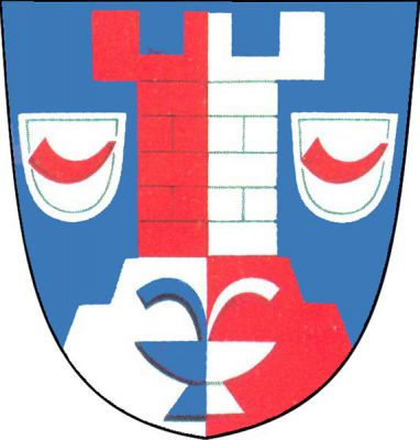 V modrém štítě červeno-stříbrně polcená kvádrovaná věž s cimbuřím na skále opačných barev provázená stříbrnými štítky s červenou loveckou trubkou bez řemení. Ve skále modro-stříbrně polcená fontána. Znak Skalka