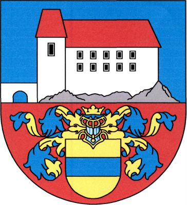 V modro - červeně děleném štítě, nahoře ze skály přirozené barvy vyrůstá hradní palác s deseti (5, 5) okny, s věží vpravo s jedním oknem, z pravého okraje štítu vyniká k věži most s jedním prázdným obloukem, vše stříbrné, okna černá, střechy valbové a červené. Dole zlatý štít s modrým břevnem, s korunovanou turnajskou přilbou a modro - zlatými přikrývadly. Znak Skalná
