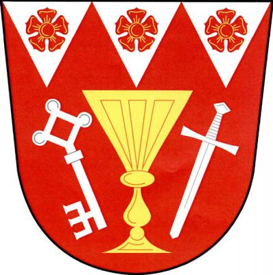 V červeném štítě se třemi stříbrnými klíny v hlavě, každý s jednou červenou růží, zlatý pohár provázený gotickým klíčem a mečem, obojí stříbrné, postavené a odkloněné. Znak Sklené