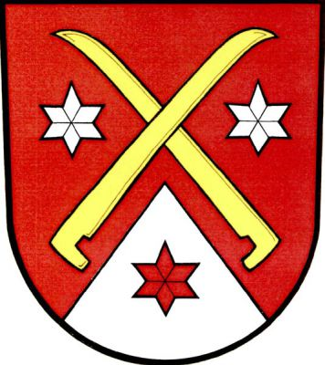 V červeném štítě nad stříbrným sníženým hrotem dva zelené zkřížené vztyčené listy kos, provázené po stranách dvěma stříbrnými a v hrotu jednou červenou hvězdou. Znak Skotnice