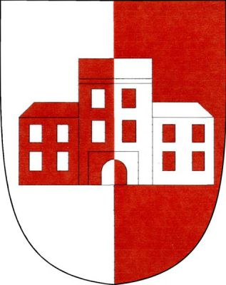 Ve stříbrno-červeně polceném štítě budova zámku opačných barev. Zámek tvoří středová věž s branou a bočními křídly se sedlovými střechami. Věž i křídla mají po čtyřech (2,2) oknech Znak Slabce