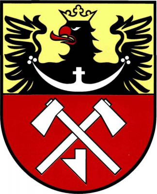 Zlato-červeně dělený štít, nahoře horní polovina slezské orlice, dole dvě zkřížené sekery nad radlicí, vše stříbrné. Znak Slatina