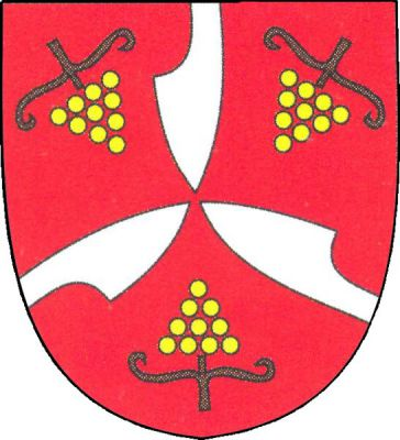 V červeném štítě do středu obrácené tři stříbrné radlice (1,2) provázené třemi do středu obrácenými zlatými vinnými hrozny se zelenými úponky. Znak Slatinky