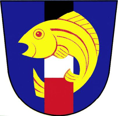 V modrém štítě černo-stříbrno-červeně dělený kůl obtočený zlatou rybou. Znak Slavětín nad Metují
