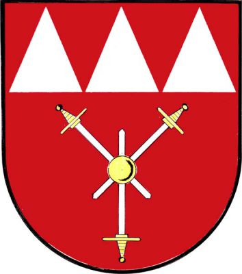 V hlavě červeného štítu tři stříbrné kužely, pod nimi zlatá koule probodena třemi stříbrnými meči se zlatými rukojeťmi. Znak Slavkov