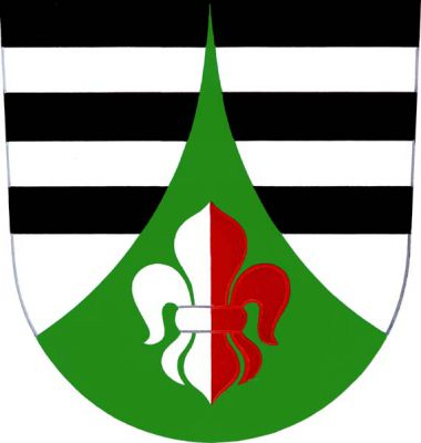 Černo-stříbrně dělený štít se dvěma stříbrnými břevny v horní části, překrytý zeleným vydutým hrotem, v něm stříbrno-červeně polcená lilie. Znak Slavkov pod Hostýnem