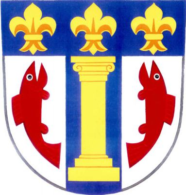 Ve stříbrném štítě pod modrou hlavou s třemi zlatými liliemi modrý kůl se zlatým sloupem, provázený dvěma červenými přivrácenými lososy. Znak Sloup
