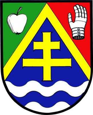 Ve štítě nad stříbrnou vlnitou patou s modrým vlnitým břevnem zlatá krokev, pod ní v modrém poli zlatý patriarší kříž, v pravém zeleném poli stříbrné jablko, v levém červeném poli vztyčená stříbrná pravá rukavice - plechovnice. Znak Sloupno