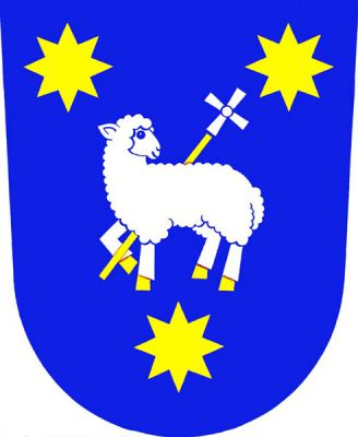 V modrém štítě stříbrný stojící a ohlížející se beránek sv. Jana Křtitele se zlatou zbrojí. Pravou přední nohou přidržuje zlatou hůl zakončenou stříbrným křížem. Beránek je provázen třemi zlatými osmihrotými hvězdami. Znak Slušovice