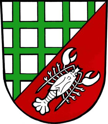 Stříbrno-červeně šikmo dělený štít, horní pole zeleně mřežováno, v dolním poli šikmo položený stříbrný rak. Znak Smilovice