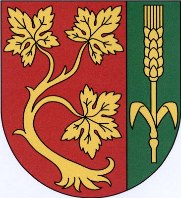 Červeno-zeleně vlevo polcený štít, vpravo vztyčený vykořeněný stonek vinné révy se třemi listy, vlevo obilný klas se dvěma listy, vše zlaté. Znak Smolnice