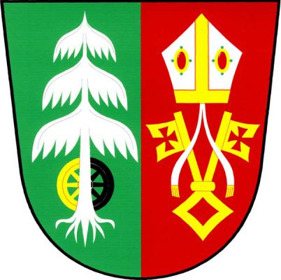 V zeleno-červeně polceném štítě vpravo stříbrný vykořeněný smrk s kmenem podloženým zlato-černě polceným vozovým kolem, vlevo zlatý gotický dvojklíč převýšený stříbrnou, zlatě zdobenou mitrou se stříbrnými fimbriemi. Znak Smrčná