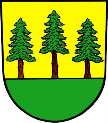 Ve zlato-zeleně sníženě děleném štítě nahoře vyrůstající tři smrky přirozené barvy, prostřední vyšší. Znak Smrk