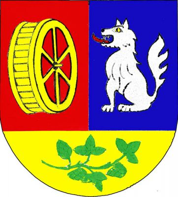 Červeno-modře polcený štít se zlatou patou, v ní zelená chmelová ratolest. Vpravo zlaté mlýnské kolo vlevo sedící vlk přirozené barvy s vyplazeným jazykem. Znak Snědovice