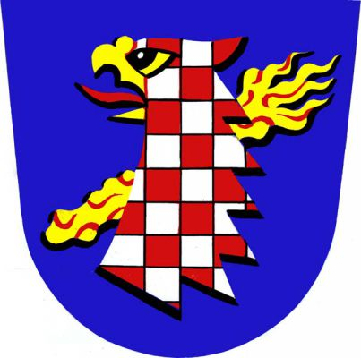 V modrém štítě stříbrno-červeně šachovaná hlava orlice se zlatým zobákem a červeným jazykem, šikmo podložená zlatou sukovitou palicí. Znak Sobíšky
