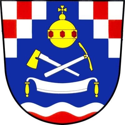 V modrém štítě se stříbrno-červeně vlnitě dělenou vlnitou patou a šesti (3,2,1) stříbrnými a červenými šindeli v koutech pod sebou zlaté říšské jablko se třemi červenými kameny, šindelářská sekyrka zkřížená se struhákem, obojí zlaté na stříbrných topůrkách, a stříbrný poříz se zlatými rukojeťmi. Znak Sopotnice