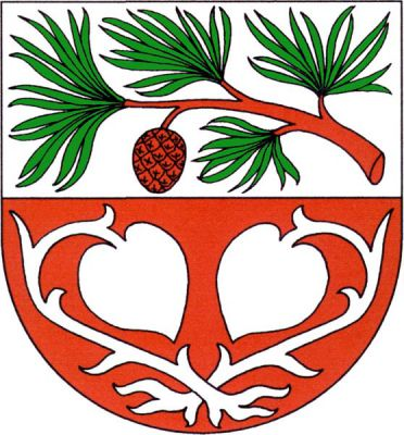 Stříbrno-červeně dělený štít, nahoře červená sosnová větev se čtyřmi svazky zelených jehlic a visící červenou šiškou. Dole dvě vykořeněná stříbrná lekna. Znak Sosnová