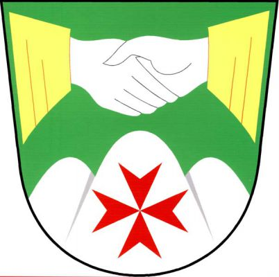 V zeleném štítě nad stříbrným trojvrším s červeným maltézským křížem dvě podané stříbrné ruce vynikající z volných zlatých rukávů. Znak Sousedovice