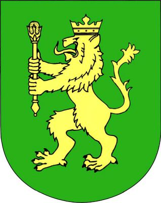 V zeleném štítě vztyčený korunovaný lev držící rychtářské právo, vše zlaté. Znak Stachy