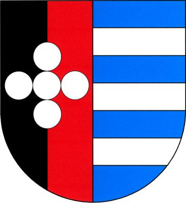Polcený štít, v pravém černo-červeně polceném poli pět stříbrných koulí do kříže, v levém modrém poli tři stříbrná břevna. Znak Šťáhlavy