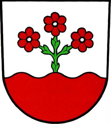 Stříbrno-červeně sníženě vlnitě dělený štít, nahoře na jednom zeleném vyrůstajícím stonku tři červené šestilisté květy se stříbrnými semeníky. Znak Stará Červená Voda