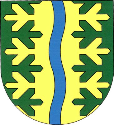 V zeleno-zlatě dvakrát jedlovým řezem polceném štítě modrý zúžený vlnitý kůl. Znak Stará Voda