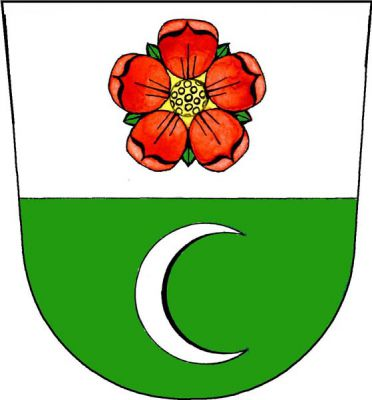 Ve stříbrno-zeleně děleném štítě nahoře červená růže se zlatým semeníkem, dole stříbrný doleva obrácený půlměsíc. Znak Staré Hodějovice