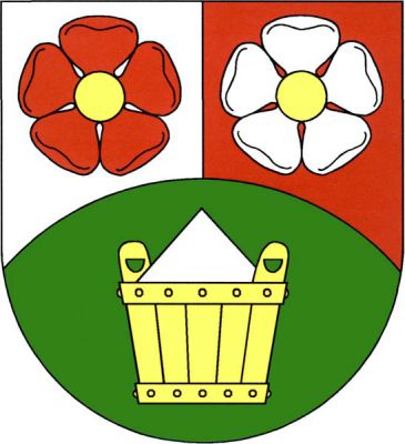 Ve stříbrno-červeně polceném štítě zvýšené zelené návrší, nad ním dvě růže opačných barev se zlatými semeníky. V návrší zlatá bečka vrchovatě naplněná stříbrnou solí. Znak Staré Křečany