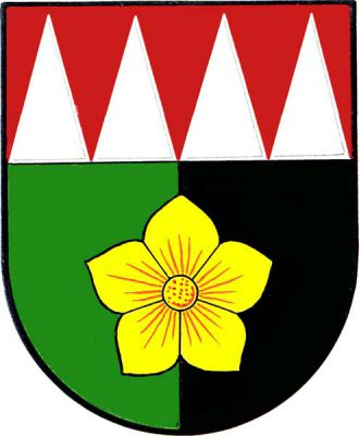 V zeleně a černě polceném štítu zlatý květ lnu žlutého; v červené hlavě štítu čtyři stříbrné špice. Znak Staříč