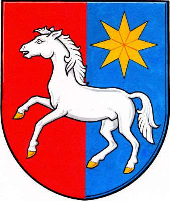 V červeno-modře polceném štítě stříbrný běžící kůň se zlatými kopyty, provázený vlevo nahoře zlatou osmihrotou hvězdou. Znak Štarnov