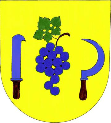 Ve zlatém štítě modrý vinný hrozen se zeleným listem, provázený vpravo vinařským nožem, vlevo srpem, obojí modré s hnědými rukojeťmi, vztyčené a přivrácené. Znak Starovičky