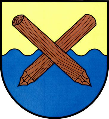 Ve zlato - modře vlnitě děleném štítě zkřížené dřevěné dole přitesané kůly přirozené barvy. Znak Starý Kolín