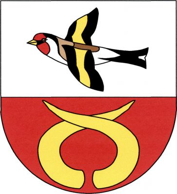 Ve stříbrno - červeně děleném štítě nahoře letící stehlík přirozené barvy, dole zkřížené zlaté býčí rohy. Znak Stehelčeves