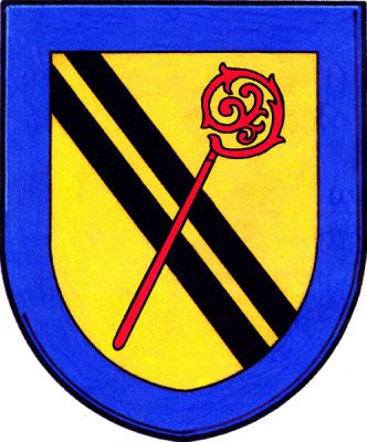 Ve zlatém modře lemovaném štítě, zdvojené kosmé černé břevno šikmo přeložené červenou berlou. Znak Štěpánov