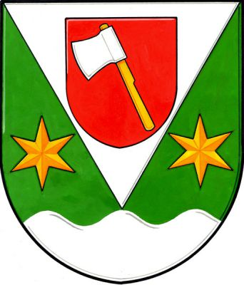V zeleném štítě nad zelenou patou stříbrný klín provázený dvěma zlatými hvězdami, v něm červený štítek s kosmo položenou stříbrnou tesařskou sekerou na zlatém topůrku. Znak Štítná nad Vláří-Popov