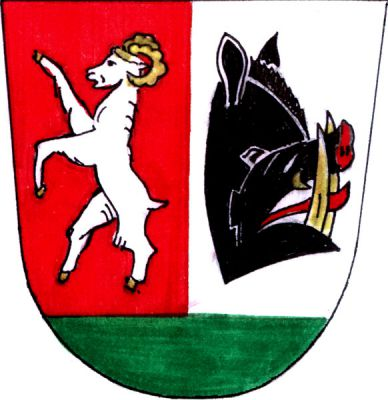 V červeno-stříbrně polceném štítě se zelenou patou vpravo stříbrný beran se zlatou zbrojí ve skoku, vlevo doleva obrácená černá kančí hlava se zlatými kly a červeným rypákem a jazykem. Znak Štítov