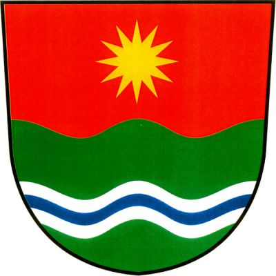 V červeno-zeleně vlnitě děleném štítě nahoře zlatá dvanáctihrotá hvězda, dole vlnité stříbrno-modro-stříbrně vlnitě dělené břevno. Znak Stojice