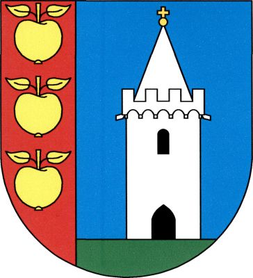 V červeno - modře vpravo polceném štítě v pravém poli tři zlatá jablka pod sebou, každé se stopkou a dvěma odkloněnými listy. Vlevo na zeleném trávníku stříbrná věž s cimbuřím a stanovou střechou se zlatou makovicí s křížkem, gotickou branou a obloukovým oknem, obojí černé. Znak Stolany