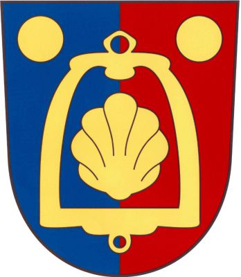 V modro - červeně polceném štítě obrácená mušle ve třmenu, provázeném nahoře dvěma kotouči, vše zlaté. Znak Stračov